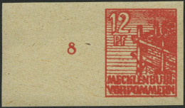 MECKLENBURG-VORPOMMERN 36yeU , 1946, 12 Pf. Orangerot, Graues Papier, Ungezähnt, Linkes Randstück, Pracht, Gepr. Kramp,  - Other & Unclassified