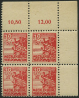 MECKLENBURG-VORPOMMERN 36zb VB , 1946, 12 Pf. Rot, Dünnes Papier, Im Oberen Rechten Eckrandviererblock, Pracht, Gepr. Kr - Andere & Zonder Classificatie