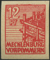 MECKLENBURG-VORPOMMERN 36zbU , 1946, 12 Pf. Rot, Dünnes Papier, Ungezähnt, Pracht, Gepr. Kramp, Mi. 450.- - Sonstige & Ohne Zuordnung