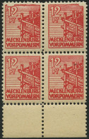 MECKLENBURG-VORPOMMERN 36zz VB , 1946, 12 Pf. Rot, Dünnes Papier, Diagonal Genetzte Gummierung, Im Viererblock Vom Unter - Andere & Zonder Classificatie