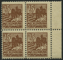 MECKLENBURG-VORPOMMERN 37yd VB , 1946, 15 Pf. Mittelsiena, Graues Papier, Im Viererblock, Pracht, Gepr. Kramp, Mi. 320.- - Sonstige & Ohne Zuordnung