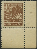 MECKLENBURG-VORPOMMERN 37ye , 1946, 15 Pf. Orangebraun, Graues Papier, Bogenecke, Pracht, Gepr. Kramp, Mi. (90.-) - Andere & Zonder Classificatie