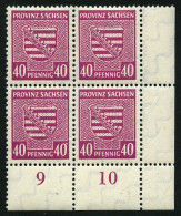 PROVINZ SACHSEN 84Xa VB , 1945, 40 Pf. Dunkellilarosa, Wz. 1X, Im Unteren Rechten Eckrandviererblock, Dabei Plattenfehle - Otros & Sin Clasificación