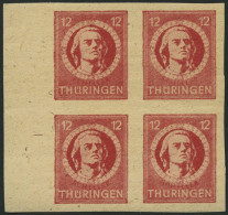 THÜRINGEN 97AXaqU VB , 1945, 12 Pf. Karminrot, Vollgummierung, Ungezähnt, Im Randviererblock, Pracht, Gepr. Herpichböhm, - Sonstige & Ohne Zuordnung