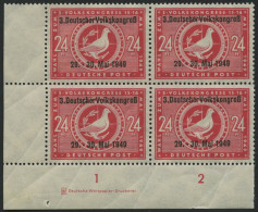 ALLGEMEINE-AUSGABEN 233IDZ , 1949, 24 Pf. 3. Volkskongreß, Aufdruck Type I, Mit Druckereizeichen Im Viererblock Aus Der  - Other & Unclassified