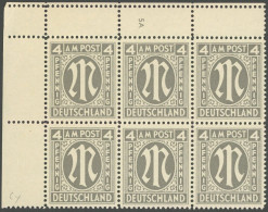 AMERIK. U. BRITISCHE ZONE 11Cy Pl.-Nr. , 1945, 4 Pf. Dunkelgelbgrau, Gezähnt L 141/4:14 3/4, Oberer Linker 6-er Block Mi - Autres & Non Classés