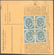 BUNDESREPUBLIK 134 VB BRIEF, 1954, 50 Pf. Posthorn Im Zentrisch Gestempelten Viererblock Rückseitig Auf Paketkarte Mit 6 - Autres & Non Classés