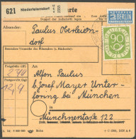 BUNDESREPUBLIK 138 BRIEF, 1954, 90 Pf. Posthorn, 3x Als Mehrfachfrankatur Auf Paketkarte Aus NIEDERLEIERNDORF, Davon 2 W - Other & Unclassified