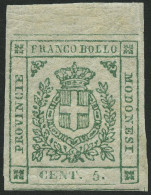 MODENA 7a , 1859, 5 C. Grün, Oberrandstück, Breitrandig, Falzrest, Pracht, Gepr. Drahn, Mi. 1200.- - Modène