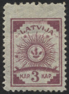LETTLAND 6 , 1919, 3 K. Lila, Dreiseitig Gezähnt L 111/2, Oben Gezähnt L 9 3/4, Falzrest, Pracht - Letland