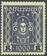 ÖSTERREICH 1918-1938 404B , 1922, 1000 Kr. Schwärzlichblauviolett, Gezähnt L 111/2, Postfrisch, Pracht, Mi. 630.- - Sonstige & Ohne Zuordnung