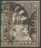 SCHWEIZ BUNDESPOST 13IIBys O, 1856, 5 Rp. Braun, Schwarzer Seidenfaden, Berner Druck II, (Zst. 22D), Allseits Breitrandi - Andere & Zonder Classificatie