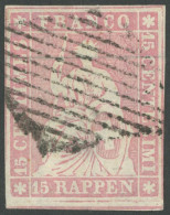 SCHWEIZ BUNDESPOST 15IIAzm O, 1857, 15 Rp. Rosa, Berner Druck II,(Zst. 24F), Auf Seidenpapier, Schwarze Raute, Allseits  - Andere & Zonder Classificatie