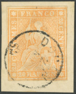 SCHWEIZ BUNDESPOST 16IIBym BrfStk, 1862, 20 Rp. Gelborange, Berner Druck III, (Zst. 25G), Kleiner K1, Fast Vollrandig, P - Andere & Zonder Classificatie