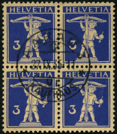 SCHWEIZ BUNDESPOST 199z VB O, 1933, 3 C. Lilaultramarin Auf Mattgelblichorange, Geriffelter Gummi, Im Zentrisch Gestempe - Used Stamps