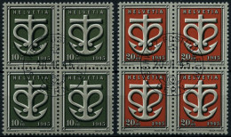 SCHWEIZ BUNDESPOST 443/4 VB O, 1945, Kriegsgeschädigte In Viererblocks Mit Zentrischen Ersttags-Sonderstempeln, Pracht - Used Stamps