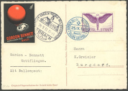 LUFTPOST SF 32.10 BRIEF, 25.9.1932, Ballonpost GORDON BENNETT WETTFAHRT, Basel-Ebrach, Mit Vignette, Karte Feinst - Premiers Vols