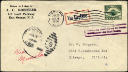 US-FLUGPOST 286 BRIEF, 1.7.1924, 8 C. Auf Trouis-Continentalnachtflugbrief NEWARK-CHICAGO Mit Aufkleber Via Airplane, Pr - 1c. 1918-1940 Lettres