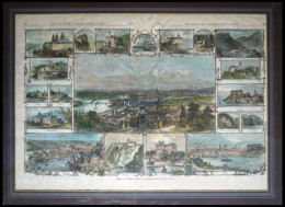 Die DONAU Von PASSAU Nach WIEN, 19 Ansichten Auf Einem Blatt, Kolorierter Holzstich Von Winkler Um 1880 - Stiche & Gravuren