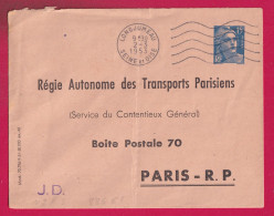 ENTIER 15F BLEU GANDON TSC RATP DEPART LONGJUMEAU 1953 POUR PARIS LETTRE - Standard Covers & Stamped On Demand (before 1995)