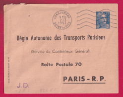 ENTIER 15F BLEU GANDON TSC RATP DEPART LONGJUMEAU 1953 POUR PARIS LETTRE - Enveloppes Types Et TSC (avant 1995)