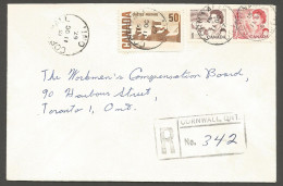 1967 Registered Cover 55c Centennials CDS Cornwall Ont To Toronto Ontario - Postal History