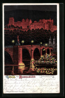 Lithographie Heidelberg, Schlossbeleuchtung Von Der Brücke Aus Gesehen  - Heidelberg