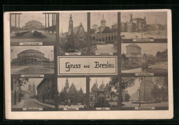 AK Breslau, Postscheckamt, Jahrhunderthalle, Rathaus, Liebichhöhe, Hauptbahnhof, Domstrasse  - Schlesien