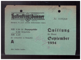 Dt- Reich (023837) Rechnung Bezugsgebühr, Trägerlohn Hakenkreuzbanner Quittung September 1934, RS Anzeigen- Werbung - 1900 – 1949