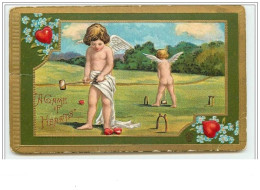 Carte Gaufrée - A Game Of Hearts - Angelots Jouant Au Croquet - Valentine's Day