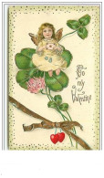 Carte Gaufrée - To My Valentine - Ange Tenant Une Lettre, Assi Sur Un Trèfle à Quatre Feuilles - Saint-Valentin
