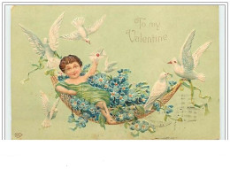Carte Gaufrée - To My Valentine - Angelot Allongé Dans Un Hamac Tenu Par Des Colombes - Saint-Valentin