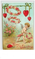 Carte Gaufrée - To My Valentine - Cupidon Avec Des Couronnes De Fleurs - Saint-Valentin