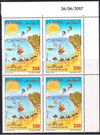 2007-Tunisie/Y&T1596- Journée Nationale Du Tourisme, Plage, Véliplanchistes, Hord-bord,  Bloc De 4 Coin Daté 4V-MNH***** - Autres & Non Classés