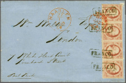 Cover 10 Cent Rood Plaat X Op Dik Papier In Strip Van 4 Op Briefomslag Van Haarlem 27-1-1864 Naar Londen, Pracht Ex. (li - Sonstige & Ohne Zuordnung