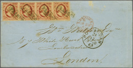 Cover 10 Cent Rood Plaat X Pos. 66-69 Op Dik Papier In Strip Van 4 Op Briefomslag Van Rotterdam 21-12-1863 Naar Londen,  - Altri & Non Classificati