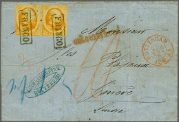 Cover 15 Cent Oranje In Paar Op Vouwbrief Van Rotterdam 25-2-1867 Via Oberhausen Naar Geneve Met Rood Stempel Ontoereike - Autres & Non Classés