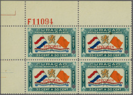 Unmounted Mint , Block Bernhardfonds 10 Cent T/m 50 Cent Alle Met Opdruk SPECIMEN In Rood En Gatdoorboring In Hoekblokke - Curazao, Antillas Holandesas, Aruba