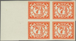 Unmounted Mint , Block Ongetande Kleurproeven Emissie Cijfer 7½ Cent In Bruin, Zwartblauw, Karmijnrose En Oranje In Blok - Surinam ... - 1975