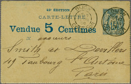 Cover 1889 Sage 15 Cents, Vendue 5 Cents Advertisement Letter Card, Red Brown Printed Inside, Sent To Paris, Fresh Fine - Altri & Non Classificati