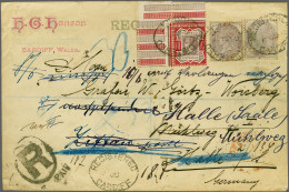 Cover 1895 Postally Used Fiscal On Envelope (opened At Right) Sent Registered From Cardiff 1895 To Germany Bearing Two 1 - Revenue Stamps