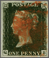 1840 1d. Plate 1b QB Good To Large Margins With A Rather Heavy Strike Of The Maltese Cross In Red, Cat. £ 425+ - Oblitérés