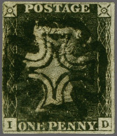 1840 1d. Plate 4 ID, 3 Clear Margins With A Distinctive Strike Of The Manchester Fishtale Cross In Black, Cat. £ 900 - Usados