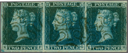 1841 2d. Plate 3 KF-KH Strip Of Three Close To Good Margins With Crisp Strikes Of The No.12 In Maltese Cross, Cat. £ 165 - Usados