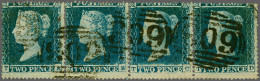 1854 2d. Plate 4 (small Crown Perf 16) TA-TD Strip Of Four With A Very Clear Example Of The TC Worn Plate (extreme Wear) - Usados