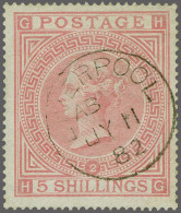 1874 5s. Pale Rose Plate 2, Two Fine To Very Fine Examples With A Light Crisp Liverpool Cds 1882 And An Indistinct Valpa - Used Stamps