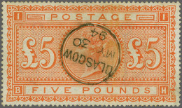 1882 £5 Orange Watermark Large Anchor Plate 1 (BH), A Fine Example (1 Short Perf. At Bottom) Cancelled With A Good Strik - Usados