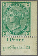 Mounted Mint 1874 1s. Green Plate 10 OD, A Fine To Very Fine Mounted Mint Bottom Marginal Example With Inscription - 1 P - Used Stamps