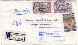 Nigeria 1959, 3+6d+1 Sh. Auf Luftpost Einschreiben Brief V. Okepopo N. Norwegen - Nigeria (1961-...)