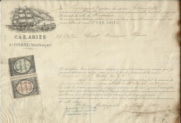 MARTINIQUE St Pierre , Document Maritime De C & E. ARIES , N°YT 4A & 5A , Taxe Sur Les CONNAISSEMENTS ( CN ) , 1882 , µ - Covers & Documents